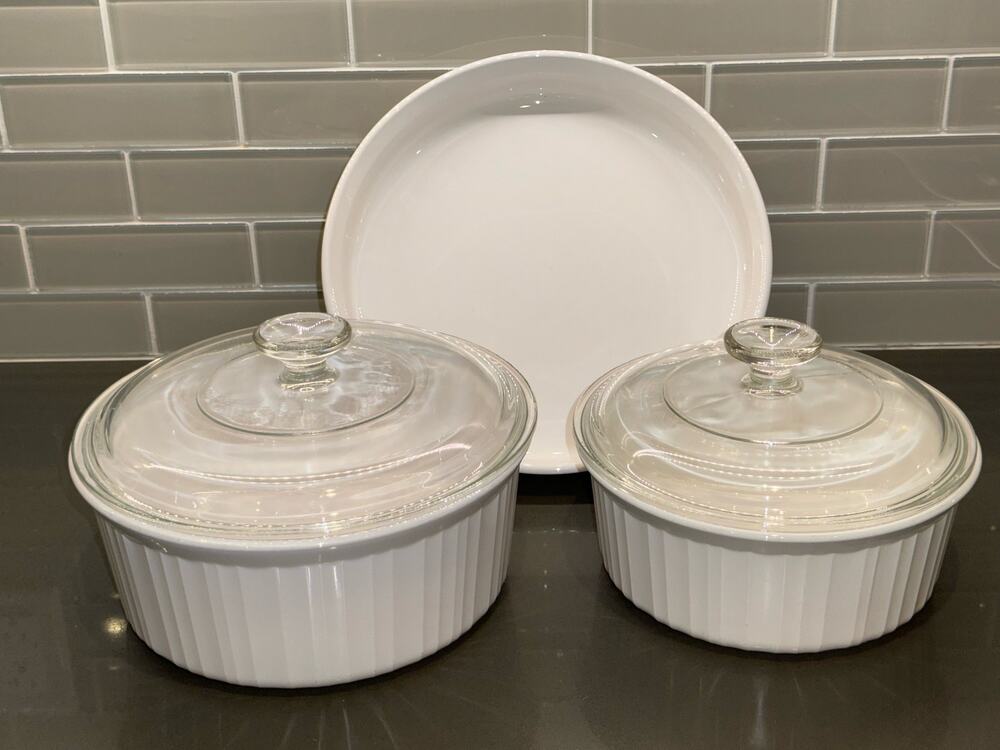 5pc Vintage Corningware French White Round Casserole Set F-5-B, F-1-B, F-3-B